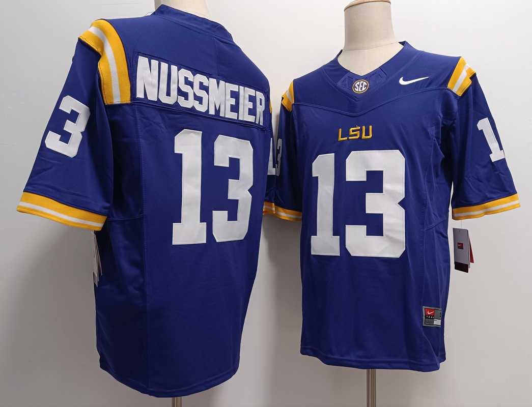 Men%27s LSU Tigers #13 Garrett Nussmeier Purple FUSE College Stitched Jersey